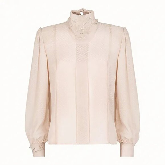 FENDI Pink Sheer Viscose Textured Georgette Embroidery Blouse Top 40